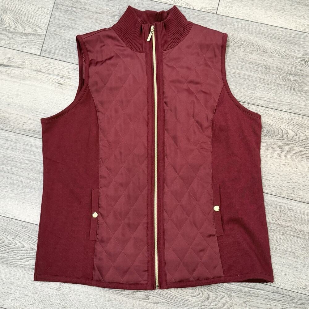 Susan Graver Womens XL Quilted Vest Sleeveless Puffer Padded Gold Zip Burgundy
